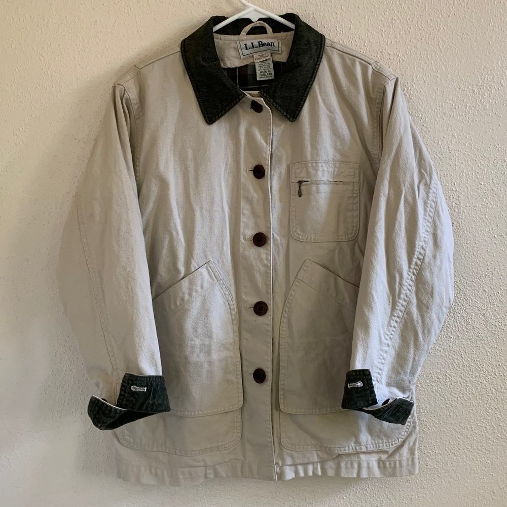 Vintage LL Bean Corduroy Trim Canvas Chore Coat Plaid Flannel Lined Barn Duck